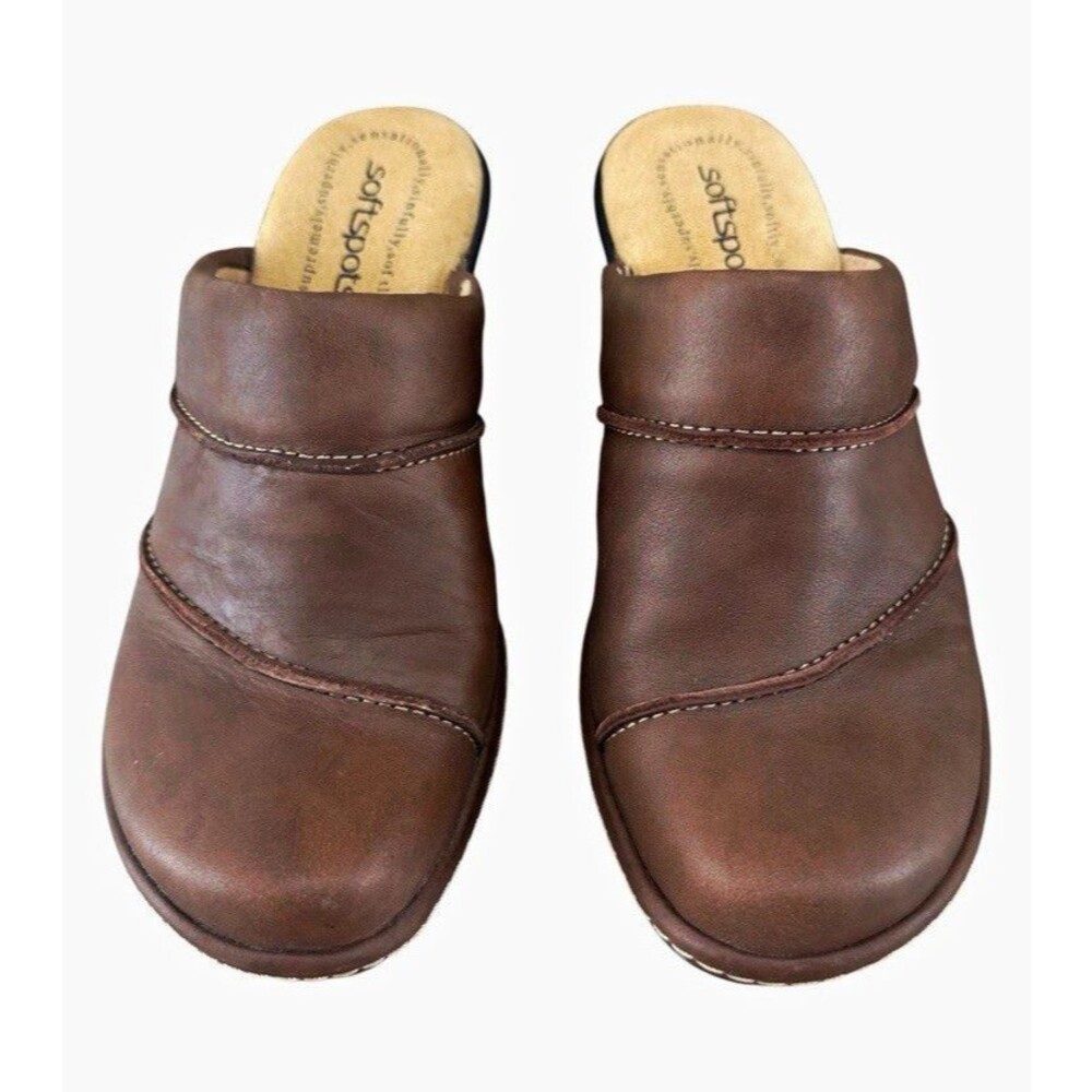 Softspots Women’s Brown Leather Slip-On Mule Wedge Heel Round Toe, Stitching